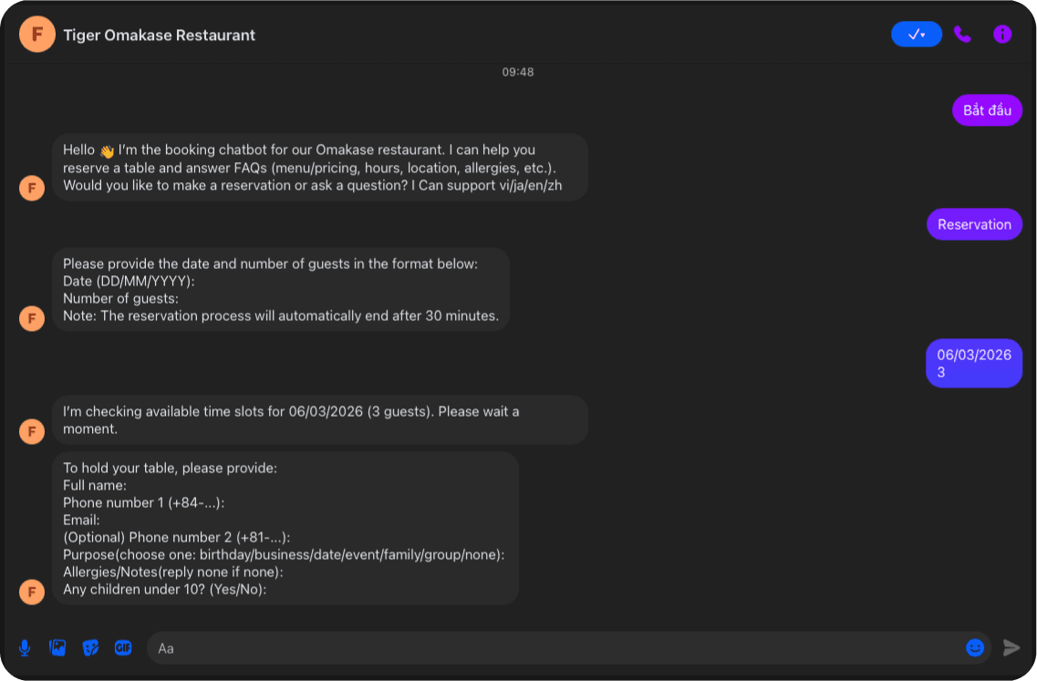 Chatbot đặt bàn tự động trên Messenger/Instagram